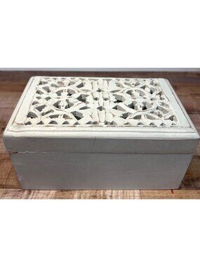 Hand-Carved Wooden Decorative Box Intricate Design Hinged  Storage Or Jewelry